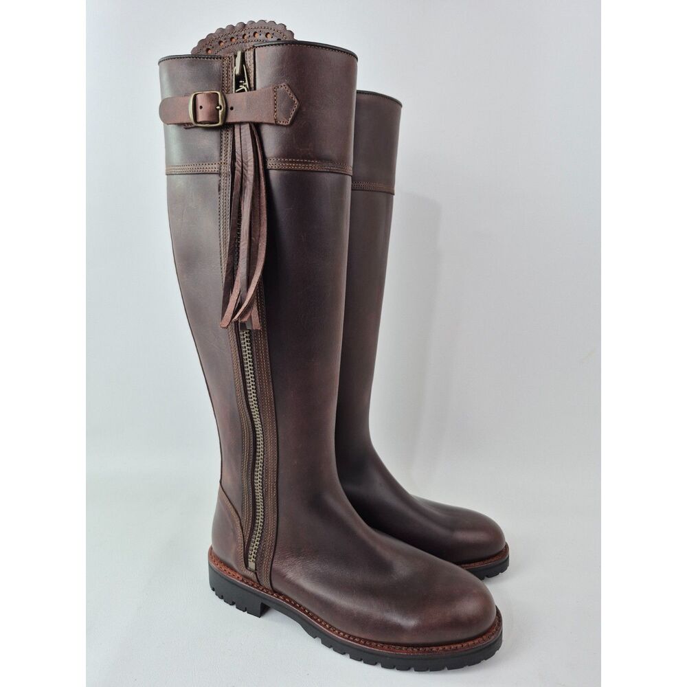 Penelope Chilvers Women's Brown Leather Tassel Knee-High Riding Boots Size 37